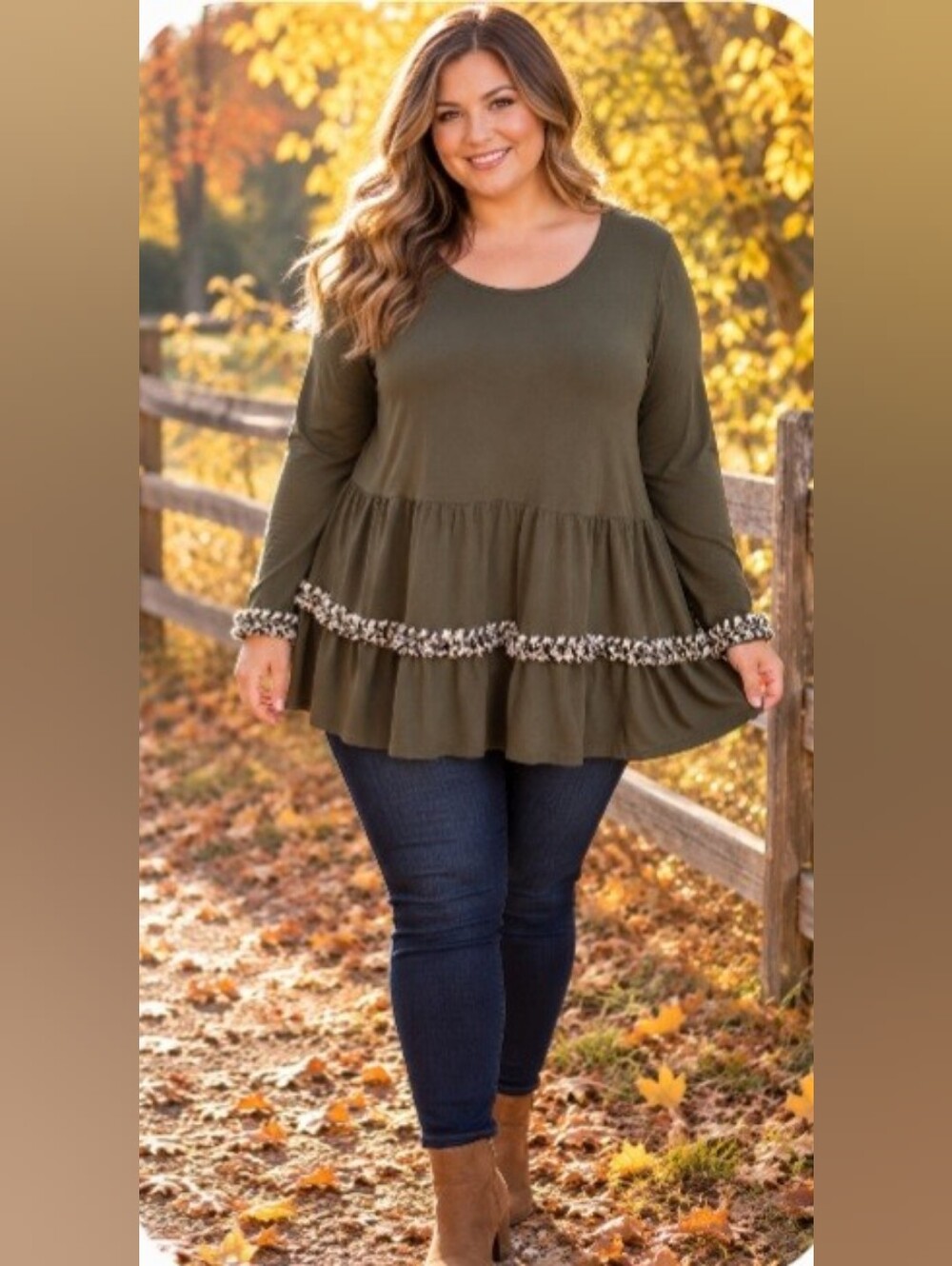 Plus-Size Olive Tiered Ruffle-Hem Tunic with Trim
